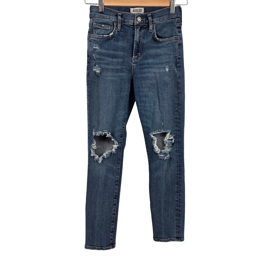 AGOLDE Sophie Mid Rise Skinny Jeans 25‎ Blue Distressed Ripped Streetwear